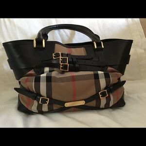 Burberry Black and Beige Check Leather Trim Tote